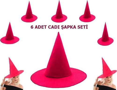 Çocuk   Pembe Fuşya Renk Keçe Cadı Şapkası Yetişkin Çocuk Uyumlu 6 Adet