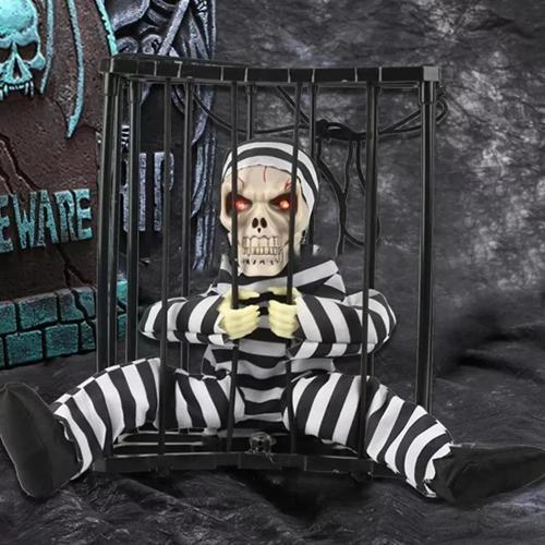 Çocuk Hareketli Sesli Sensörlü Mahkum Görünümlü Kuru Kafa İskelet Dekorasyon 22x27 cm