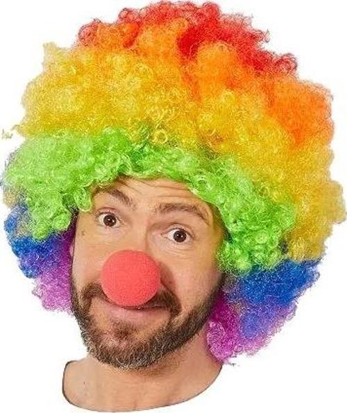 Çocuk Rengarenk Gökkuşağı Afro Bonus Peruk ve Kırmızı Renk Sünger Burun 120 gr