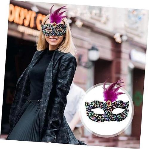 Çocuk Siyah Kadife Üzeri Rengarenk Payetli Pullu Pembe Tüylü Pembe Taşlı Parti Maskesi 19x21 cm