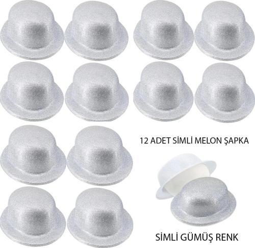 Çocuk Gümüş Renk Simli Melon Yuvarlak Parti Şapkası 12 Adet