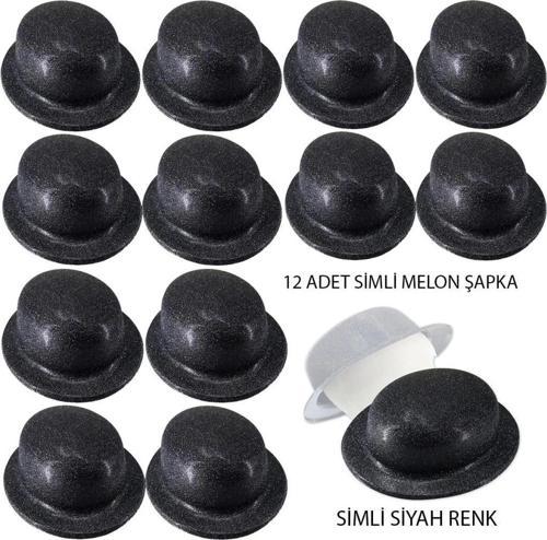 Çocuk   Siyah Renk Simli Melon Yuvarlak Parti Şapkası 12 Adet