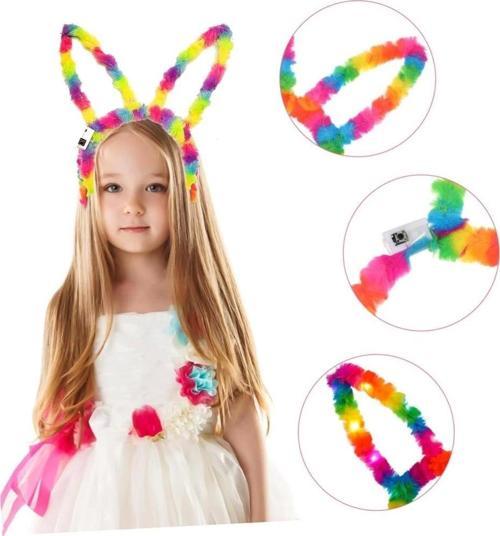 Fiber Optik LED’li Gökkuşağı Tavşan Kulak 17x23 cm Parti ve Festival Aksesuarı