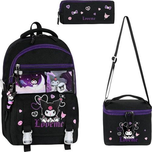 İlkokul Kız Çocuk Çantası 3'lü Set Kuromi Benzeri 42*30 Cm Beslenme Çantası Kalem Kutusu Ortopedik