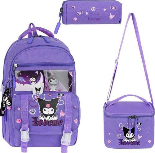 İlkokul Kız Çocuk Çantası 3'lü Set Kuromi Benzeri 42*30 Cm Beslenme Çantası Kalem Kutusu Ortopedik