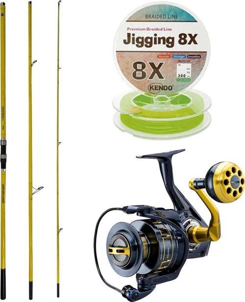 YekOutdoor Profesyonel Olta Seti Okuma Makaira Surf 4,30 cm 100-250 3 Parça Yellow Surf Kamışı&Okuma Salina SA-8000A Blu