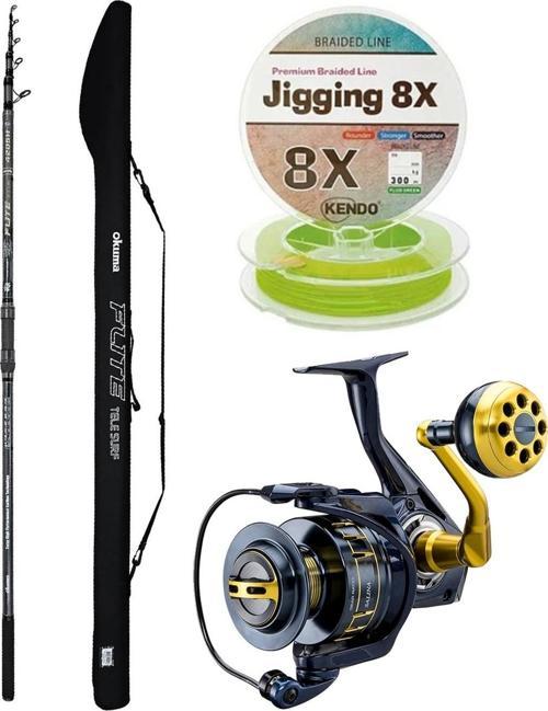 YekOutdoor Profesyonel Olta Seti Okuma Flite Tele Surf 420cm 100-200gr 5 Parça Olta Kamışı&Okuma Salina SA-8000A Blue 6+