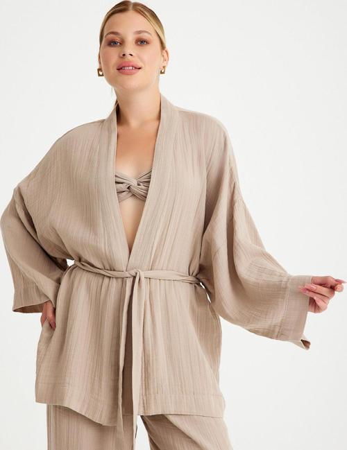 %100 Pamuklu Dokuma Beli Kuşaklı Mini Kadın Kimono Kaftan