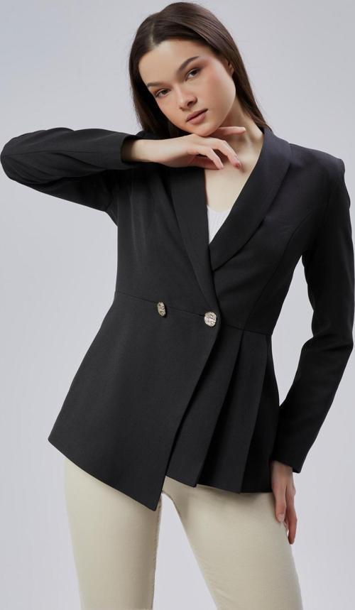 Siyah Regular Fit Pile Detaylı Blazer Ceket