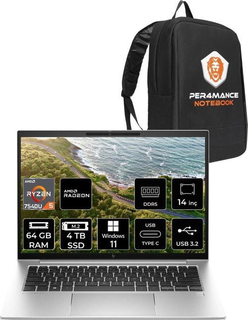 Elitebook 845 G10 R5 7540U 64Gb Ddr5 4Tb Ssd 14'' Wuxga W11H Dizüstü Bilgisayar & Per4 Çanta