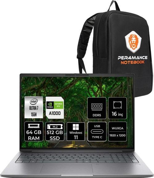 Zbook Power G11 Ultra7 155H 64Gb 512Gb Ssd Rtxa1000/6Gb 16'' Wuxga W11P İş İstasyonu & Per4 Çanta