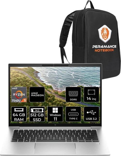 Elitebook 845 G10 R5 7540U 64Gb Ddr5 512Gb Ssd 14'' Wuxga W11P Dizüstü Bilgisayar & Per4 Çanta