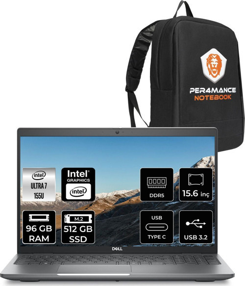 Latitude 5550 Ultra 7 155U 96Gb Ddr5 512Gb Ssd 15.6'' Fhd Fdos Dizüstü Bilgisayar & Per4 Çanta