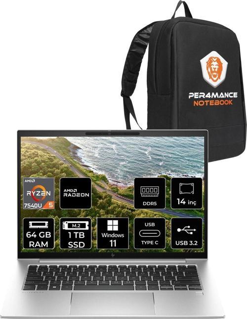 Elitebook 845 G10 R5 7540U 64Gb Ddr5 1Tb Ssd 14'' Wuxga W11H Dizüstü Bilgisayar & Per4 Çanta