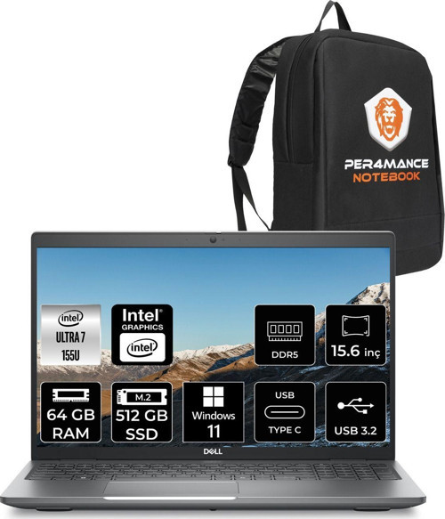 Latitude 5550 Ultra 7 155U 64Gb Ddr5 512Gb Ssd 15.6'' Fhd W11H Dizüstü Bilgisayar & Per4 Çanta
