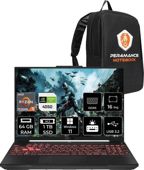 Tuf Gaming A16 R5-7535Hs 64Gb 1Tb Ssd Rtx4050/6Gb 140W 144Hz 16" Wuxga W11H Gaming Laptop