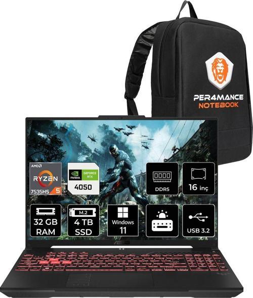 Tuf Gaming A16 R5-7535Hs 32Gb 4Tb Ssd Rtx4050/6Gb 140W 144Hz 16" Wuxga W11H Gaming Laptop