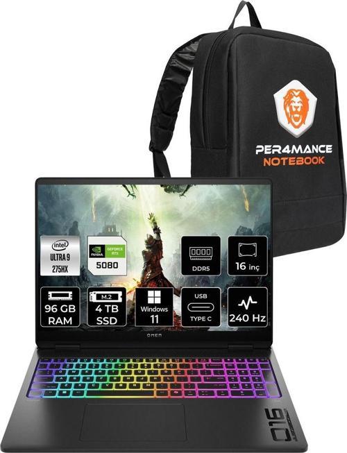 Omen Max 16 Ultra 9 275Hx 96Gb 4Tb Ssd Rtx5080/16Gb 16'' 240Hz Wqxga W11P Gaming Laptop & Çanta