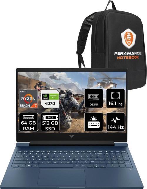 Victus 16 R7 8840H 64Gb Ram 512Gb Ssd Rtx4070/8Gb 144Hz 16.1'' Fhd Fdos Gaming Laptop & Per4