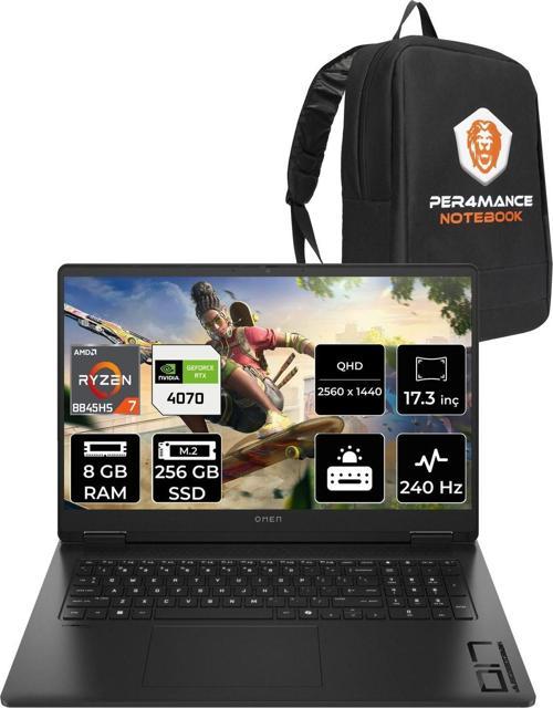 Omen 17 R7 8845Hs 8Gb Ram 256Gb Ssd Rtx4070/8Gb 240Hz 17.3'' Qhd Fdos Gaming Laptop & Per4 Çanta