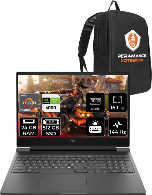 Victus 16 R5 7640Hs 24Gb Ram 512Gb Ssd Rtx4060/8Gb 144Hz 16.1'' Fhd Fdos Gaming Laptop & Per4