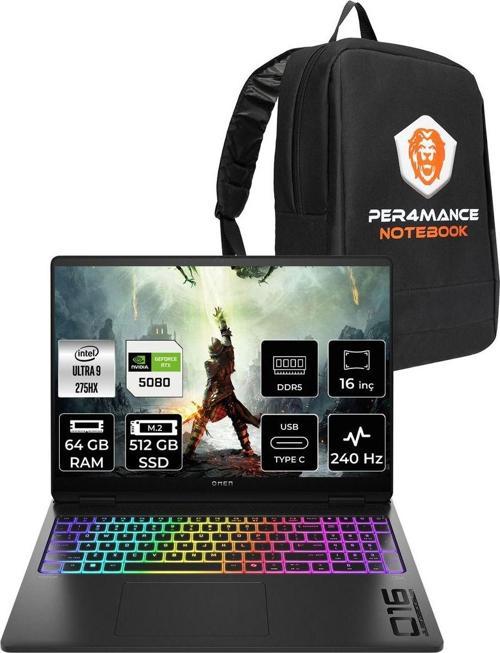 Omen Max 16 Ultra 9 275Hx 64Gb 512Gb Ssd Rtx5080/16Gb 16'' 240Hz Wqxga Fdos Gaming Laptop & Çanta