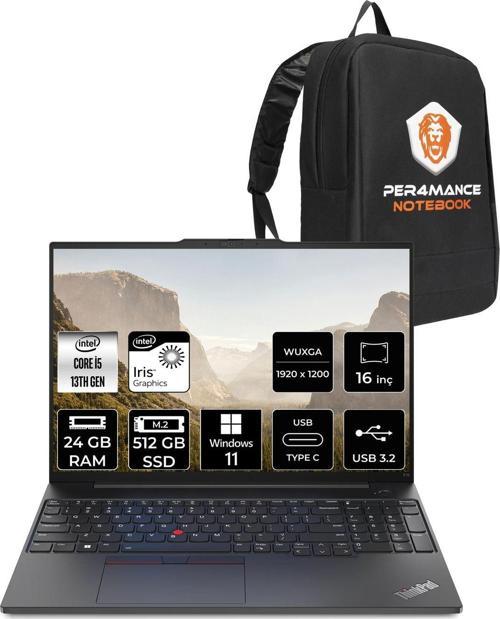 Thinkpad E16 G1 İ5 1335U 24Gb 512Gb Ssd Wuxga 16'' W11Pro Dizüstü Bilgisayar & Per4 Çanta