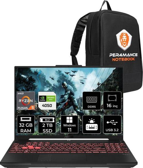 Tuf Gaming A16 R5-7535Hs 32Gb 2Tb Ssd Rtx4050/6Gb 140W 144Hz 16" Wuxga W11H Gaming Laptop