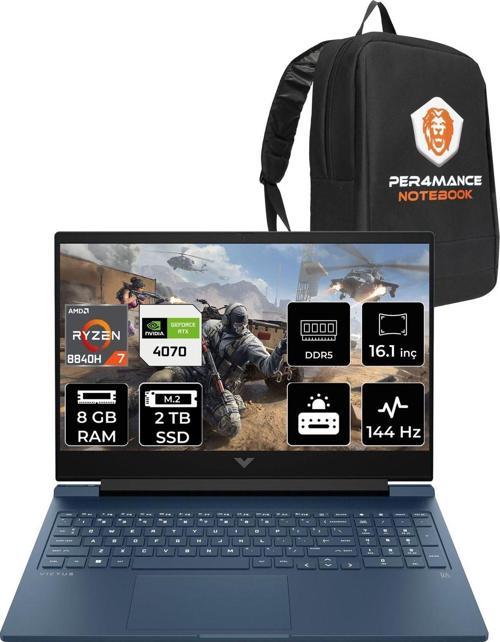 Victus 16 R7 8840H 8Gb Ram 2Tb Ssd Rtx4070/8Gb 144Hz 16.1'' Fhd Fdos Gaming Laptop & Per4 Çanta