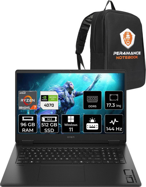 Omen 17 R7 8845Hs 96Gb Ram 512Gb Ssd Rtx4070/8Gb 144Hz 17.3'' Fhd W11H Gaming Laptop & Per4 Çanta