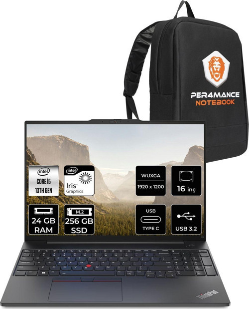 Thinkpad E16 G1 İ5 1335U 24Gb 256Gb Ssd Wuxga 16'' Fdos Dizüstü Bilgisayar & Çanta