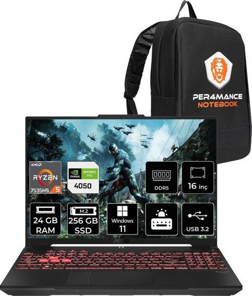 Tuf Gaming A16 R5-7535Hs 24Gb 256Gb Ssd Rtx4050/6Gb 140W 144Hz 16" Wuxga W11H Gaming Laptop