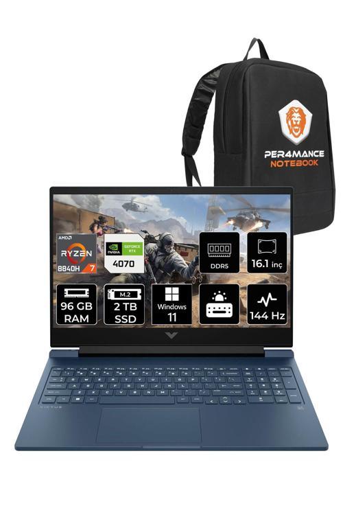 Victus 16 R7 8840H 96Gb Ram 2Tb Ssd Rtx4070/8Gb 144Hz 16.1'' Fhd W11H Gaming Laptop & Per4 Çanta