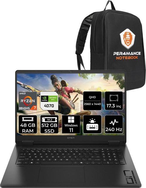 Omen 17 R7 8845Hs 48Gb Ram 512Gb Ssd Rtx4070/8Gb 240Hz 17.3'' Qhd W11H Gaming Laptop & Per4 Çanta