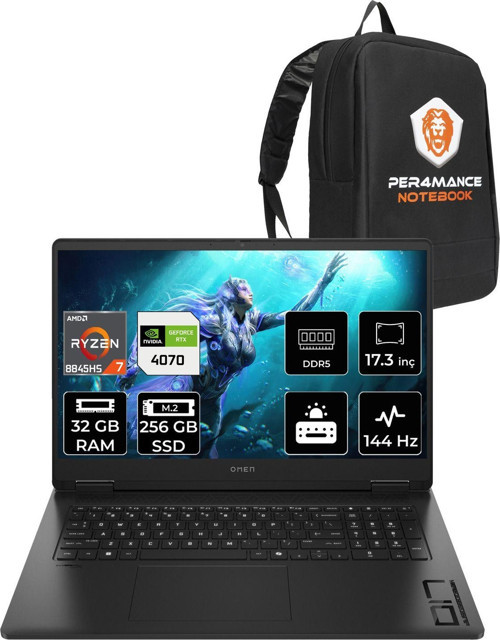 Omen 17 R7 8845Hs 32Gb Ram 256Gb Ssd Rtx4070/8Gb 144Hz 17.3'' Fhd Fdos Gaming Laptop & Per4 Çanta