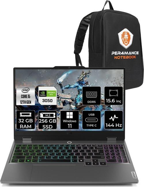 Loq İ5 12600Hx 32Gb 256Gb Ssd Rtx3050/6Gb 15.6" Fhd 144Hz W11H Gaming Laptop & Per4 Çanta