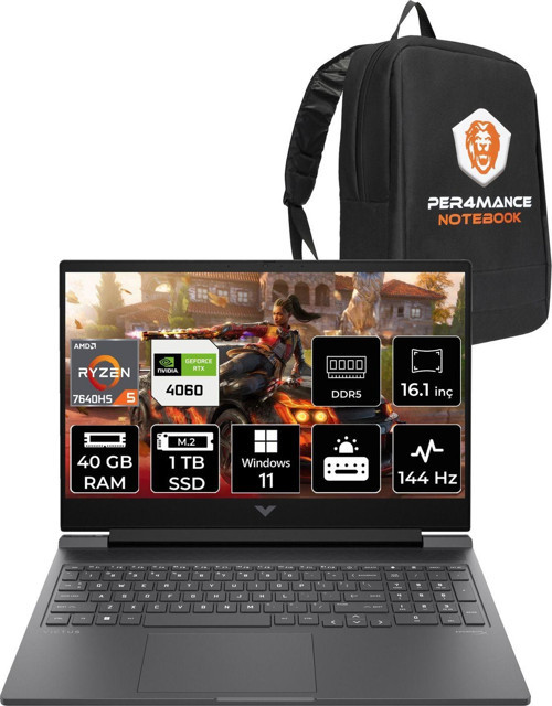 Victus 16 R5 7640Hs 40Gb Ram 1Tb Ssd Rtx4060/8Gb 144Hz 16.1'' Fhd W11P Gaming Laptop & Per4 Çanta