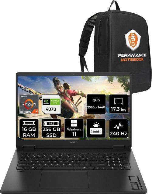 Omen 17 R7 8845Hs 16Gb Ram 256Gb Ssd Rtx4070/8Gb 240Hz 17.3'' Qhd W11P Gaming Laptop & Per4 Çanta
