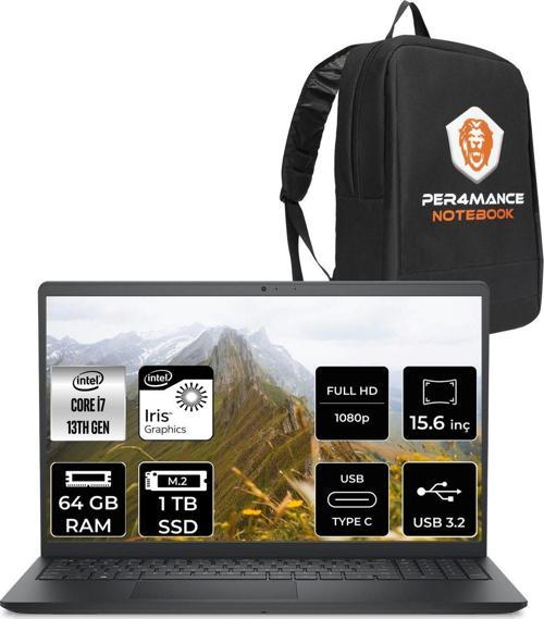 Inspiron 3530 İ7 1355U 64Gb 1Tb Ssd 15.6'' Fhd Fdos Dokunmatik Dizüstü Laptop & Per4 Çanta