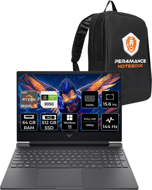 Victus 15 R5 8645Hs 64Gb Ram 512Gb Ssd Rtx3050/6Gb 144Hz 15.6'' Fhd W11P Gaming Laptop & Çanta