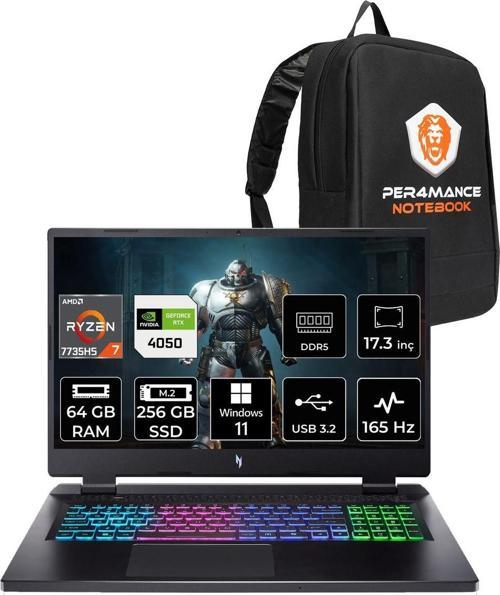 Nitro 17 R7 7735Hs 64Gb 256Gb Ssd Rtx4050/6Gb 140W 17.3'' Fhd 165Hz W11H Gaming Laptop & Çanta