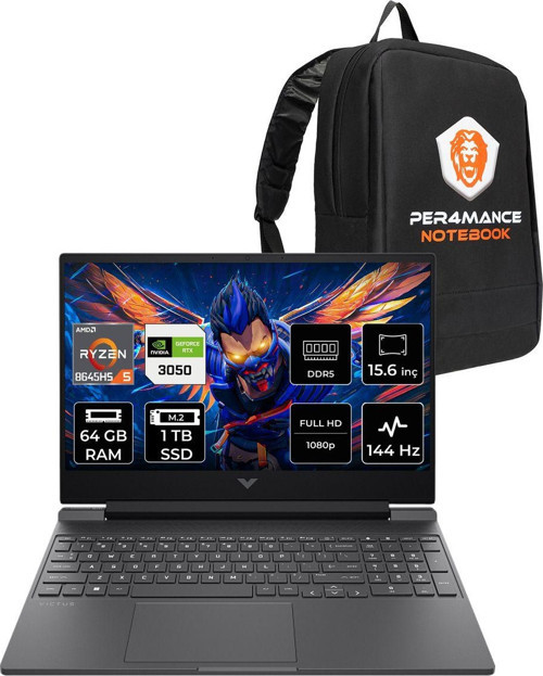 Victus 15 R5 8645Hs 64Gb Ram 1Tb Ssd Rtx3050/6Gb 144Hz 15.6'' Fhd Fdos Gaming Laptop & Çanta