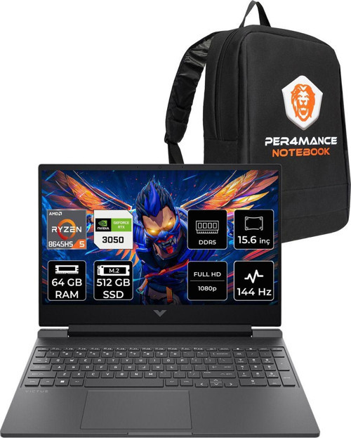Victus 15 R5 8645Hs 64Gb Ram 512Gb Ssd Rtx3050/6Gb 144Hz 15.6'' Fhd Fdos Gaming Laptop & Çanta