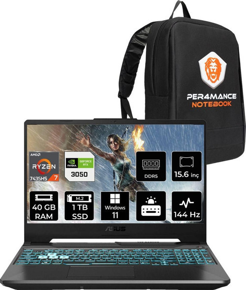 Tuf Gaming A15 R7 7435Hs 40Gb 1Tb Ssd Rtx3050/4Gb 75W 144Hz 15.6" Fhd W11H Fa506Ncr & Per4 Ça