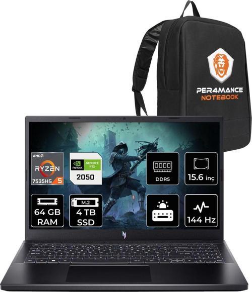 Nitro V15 R5 7535Hs 64Gb 4Tb Ssd Rtx2050/4Gb 15.6'' 144Hz Fhd Fdos Gaming Laptop & Per4 Çanta
