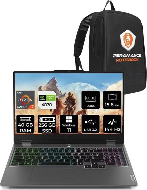 Loq R7 7435Hs 40Gb 256Gb Ssd Rtx4070/8Gb 115W 144Hz Fhd 15.6" W11H Gaming Laptop & Per4 Çanta