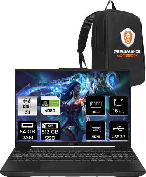 Tuf Gaming F16 Core 5 210H 64Gb 512Gb Ssd Rtx4050/6Gb 140W Wuxga 16" Fdos Lp029 & Per4 Çanta