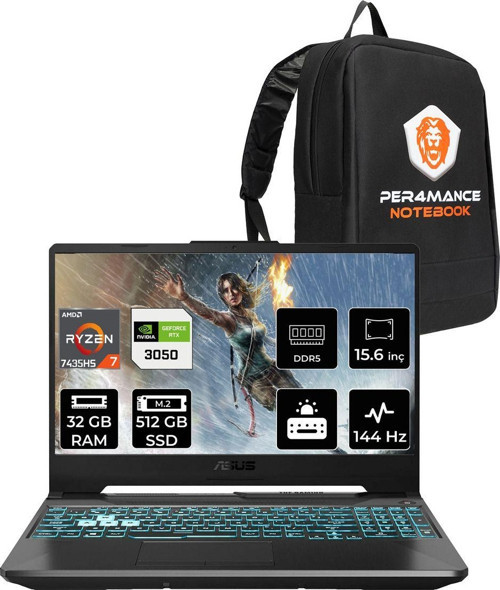 Tuf Gaming A15 R7 7435Hs 32Gb 512Gb Ssd Rtx3050/4Gb 75W 144Hz 15.6" Fhd Fdos Fa506Ncr & Per4 Ça