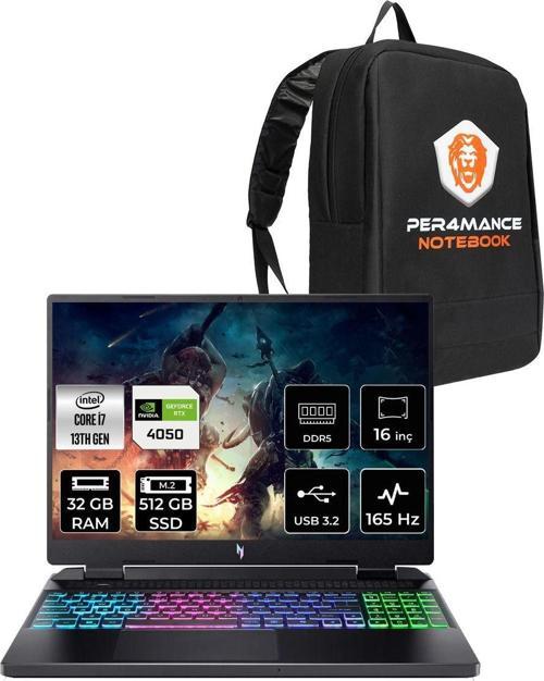 Nitro 16 İ7-13620H 32Gb 512Gb Ssd Rtx4050/6Gb 140W 16'' 165Hz Wuxga Fdos Gaming Laptop & Çanta