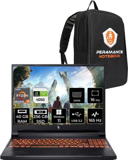 Nitro V 16 R5 8645Hs 40Gb 256Gb Ssd Rtx4050/6Gb 85W 16'' Wuxga 165Hz W11P Gaming Laptop & Çanta